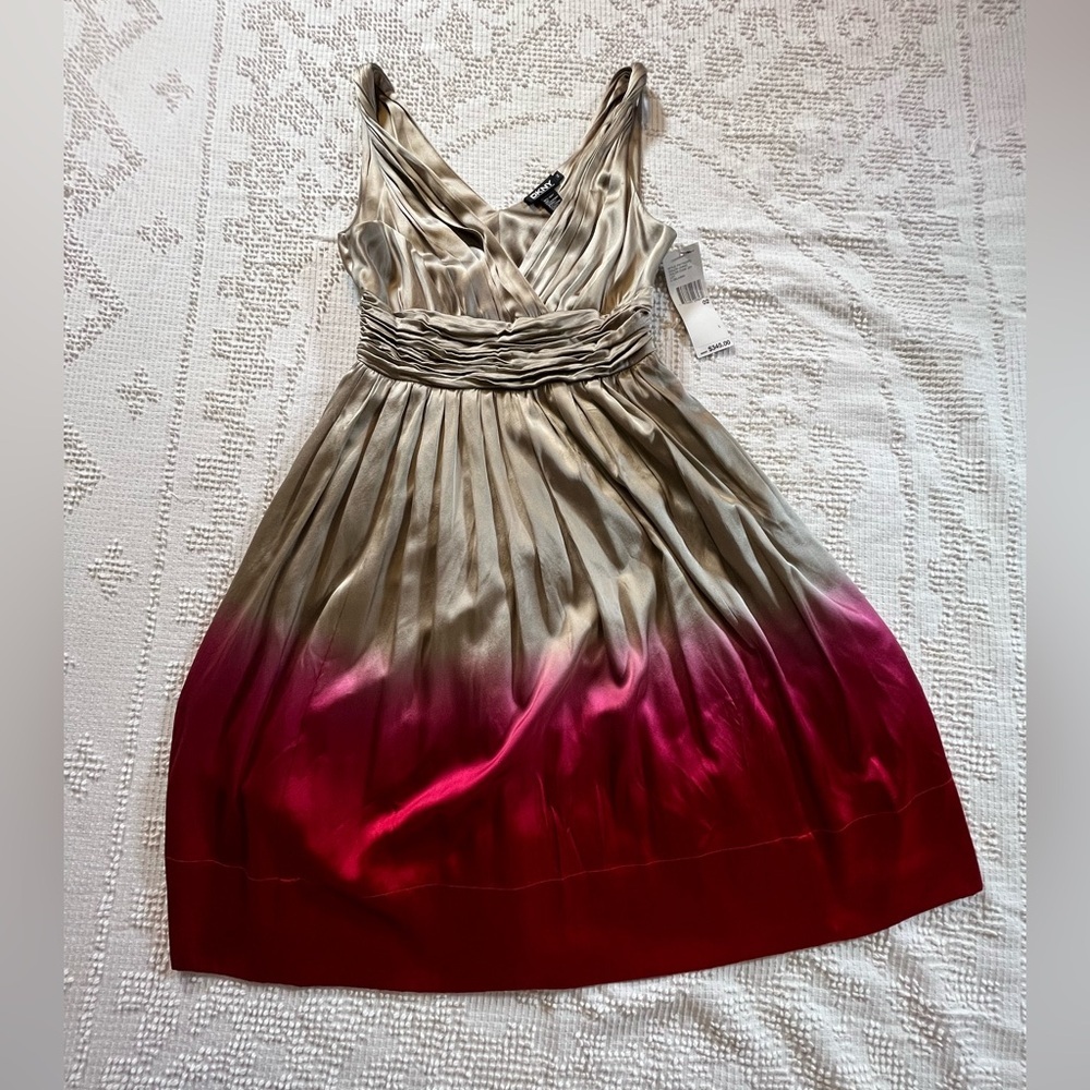 DKNY Satin Midi Dress in Cream and Red Ombre